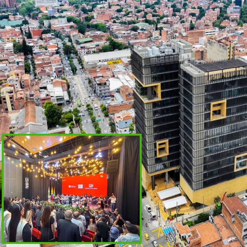 Adelante, acto de inauguración del edificio. Atrás, panorámica del nuevo CAM de Envigado. FOTO: Cortesía