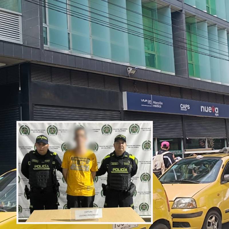 Adelante, el agresor detenido. Atrás, en este punto del barrio Guayabal se dio el ataque contra el médico. FOTO: Cortesía