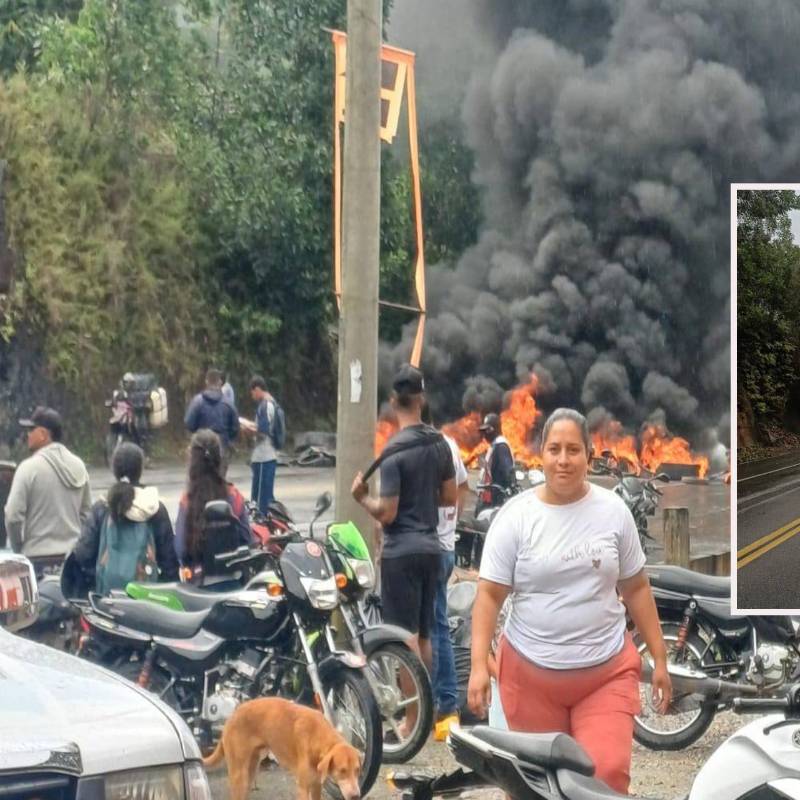 En la foto más pequeña se ve cómo viajeros intentan cruzar uno de los bloqueos. En la imagen del fondo, una manifestación que taponó una de las vías. FOTO: imagen tomada de redes.