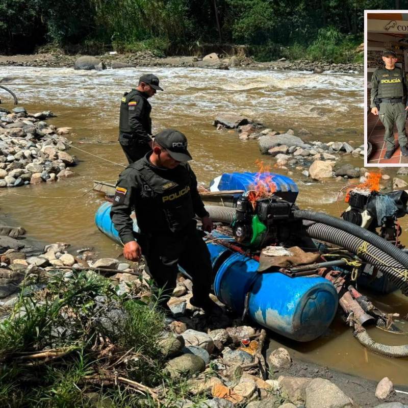 Adelante, los detenidos durante el operativo. Atrás, una de las dragas tipo buzo usadas. FOTO: Cortesía