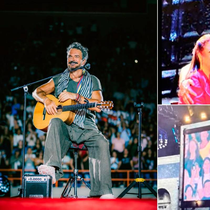Ricardo Arjona se presentó en Medellín el pasado 24 de julio. Al lado Milena con él en escenario y desde la tribuna Sur donde Arjona vio su letrero con luces. FOTOS Cortesía Páramo Presenta y capturas de pantalla. 