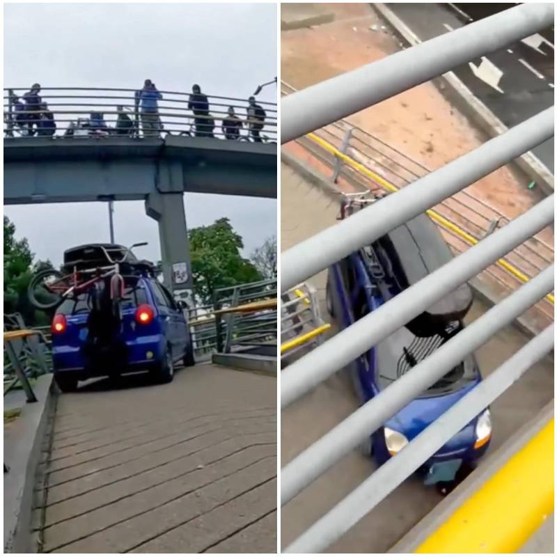 A plena luz del día y ante la mirada atónita de los peatones, el conductor de un Chevrolet Spark azul intentó atravesar un puente peatonal en Bogotá. FOTO: Captura de video de redes sociales @PasaenBogota