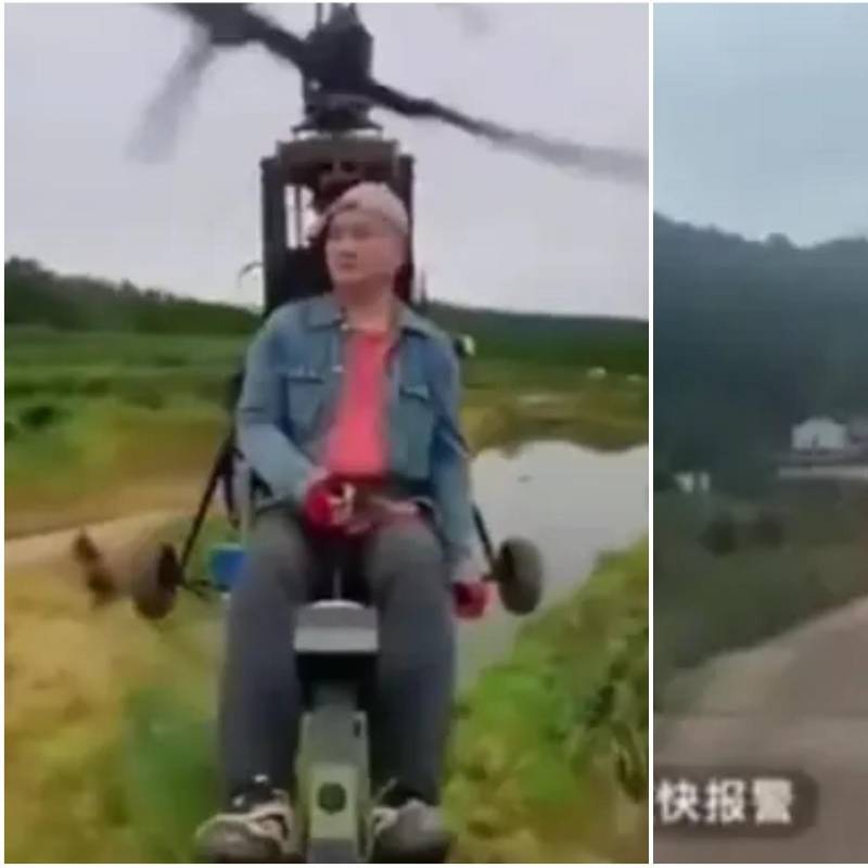 El influencer chino Tang Feiji, de 55 años, perdió la vida mientras transmitía en vivo uno de sus vuelos recreativos en su “helicóptero” ultraligero. FOTO: Captura tomada de video redes sociales @SoyTendencias