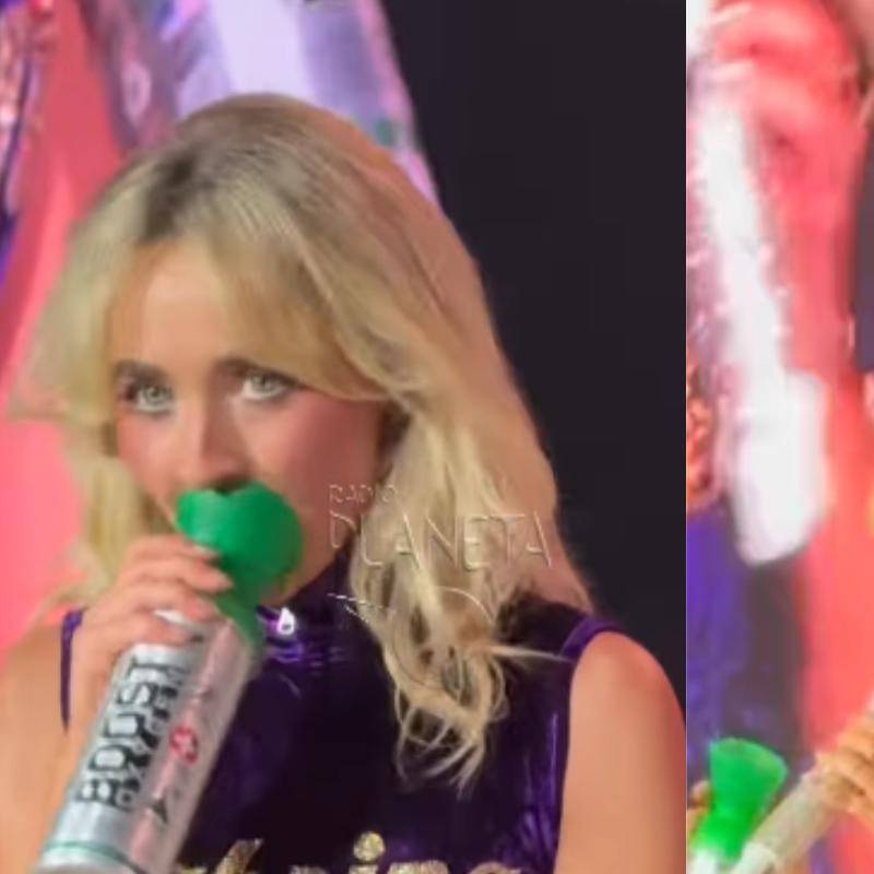 Sabrina Carpenter utilizó oxígeno durante su concierto en Bogotá debido a los efectos de la altura, sin detener su presentación. FOTO: captura de video/ Radio Planeta.