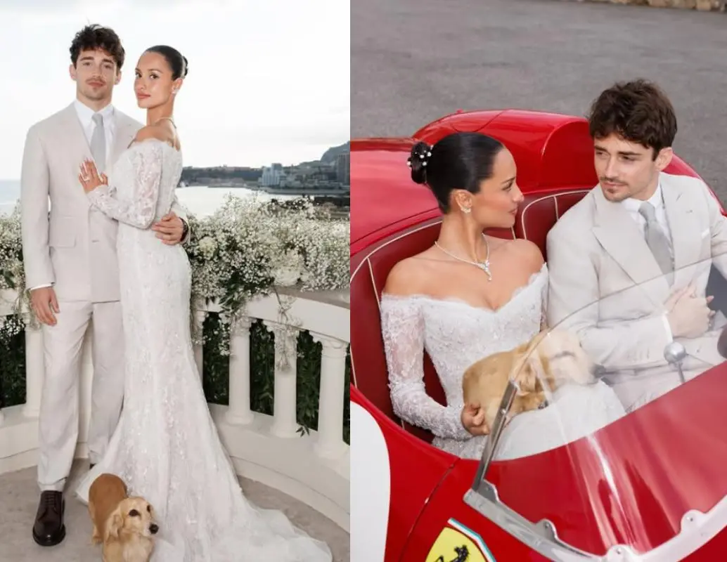 Charles Leclerc y Alexandra Saint Mleux posan tras su boda en Mónaco, donde recorrieron las calles del Principado en un Ferrari clásico con el Mediterráneo como telón de fondo. FOTO: tomadas de Instagram Alexandra Saint Mleux Lecrerc, /@germanlarkin @gregfinck @side.quest.