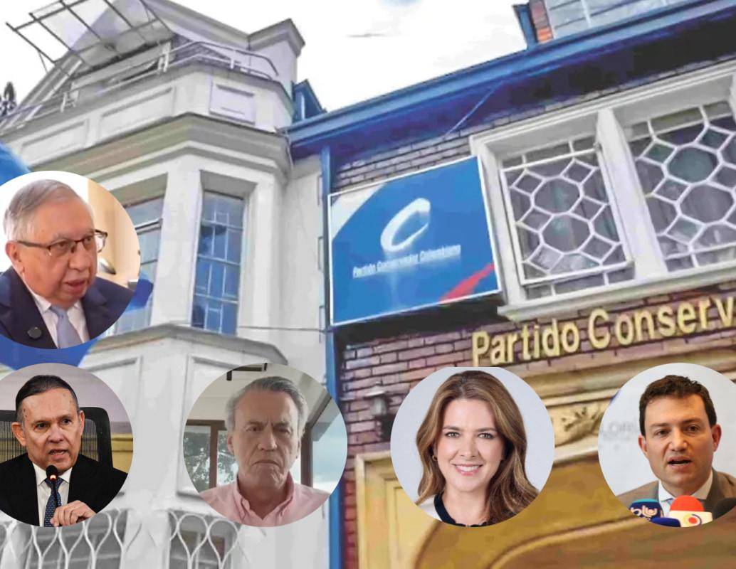 De izquierda a derecha: Coronel (r) Carlos Alfonso Velásquez; Efraín Cepeda; Rubén Darío Lizarralde; Juana Carolina Londoño; y Carlos Felipe Córdoba, los precandidatos presidenciales del Partido Conservador. FOTOS: COLPRENSA Y REDES SOCIALES