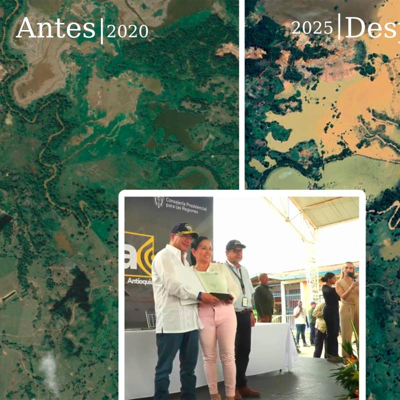 Antes y después del predio beneficiado por un título minero entregado por el presidente Gustavo Petro en 2024. FOTOS: Cortesía Google Earth y Presidencia
