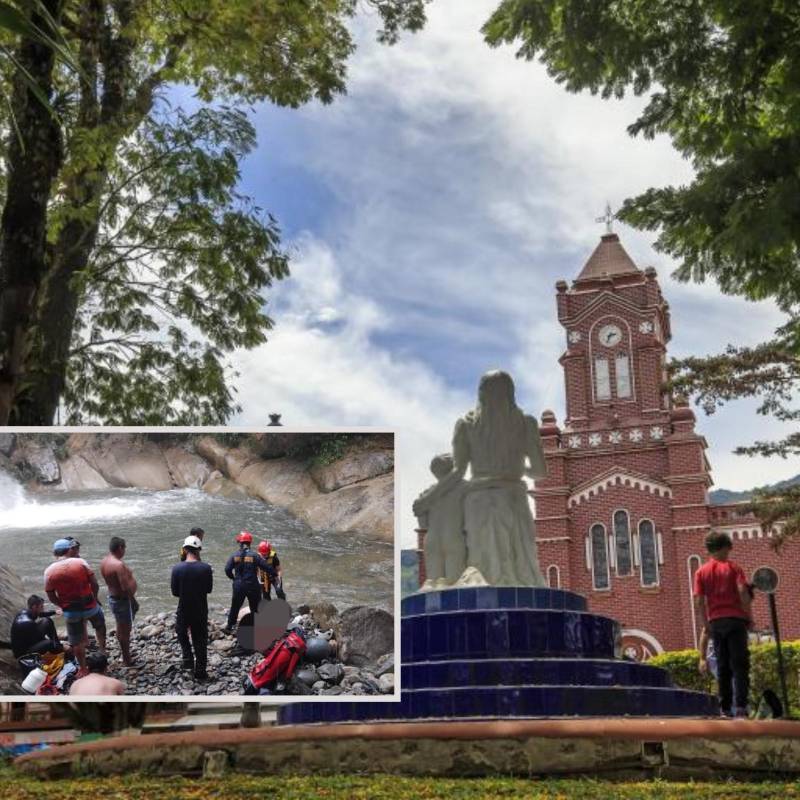 Adelante, el lugar de la tragedia. Atrás, parque principal de San Carlos. Foto: Andrés Camilo Suárez Echeverry e imagen tomada de redes.
