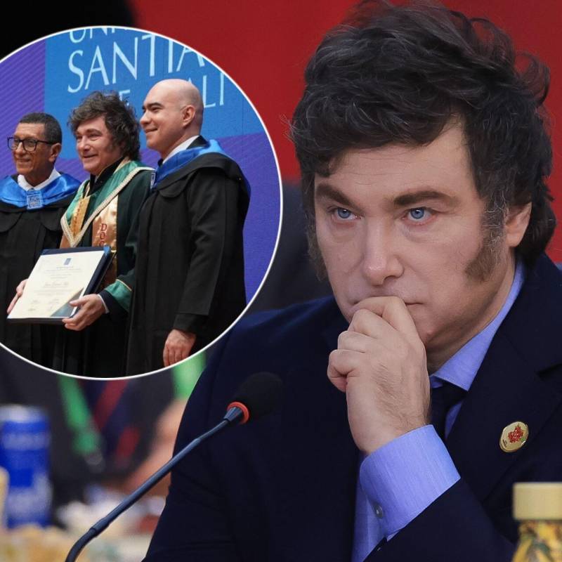 Javier Milei fue condecorado por la Universidad Santiago de Cali previo a la ceremonia de posesión de Abelardo de la Espriella por su aporte en economía y administración pública. Fotos: Getty Images y USC