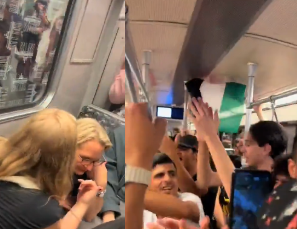 Pasajeras del metro de Berlín fueron grabadas llorando y angustiadas mientras jóvenes agitaban una bandera palestina en el vagón. FOTO: Captura de video