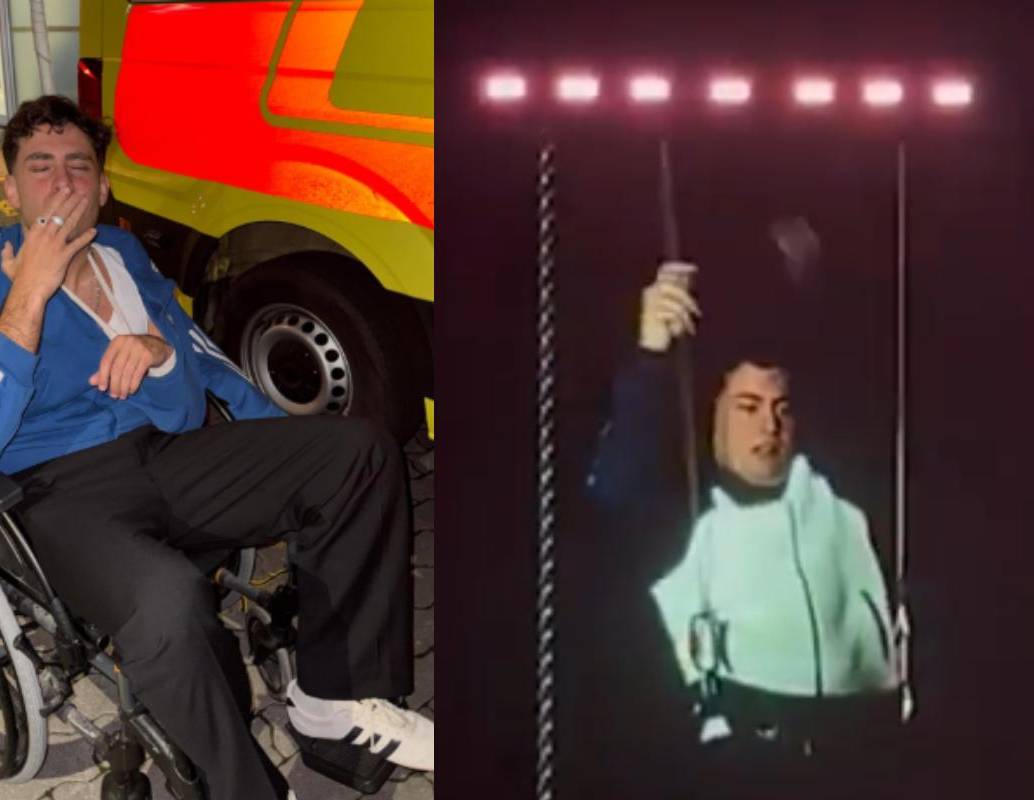 El cantante sufrió la caída cuando realizaba una acrobacia como parte del montaje del espectáculo; luego fue atendido por el equipo médico y regresó al escenario. FOTO: redes sociales. 