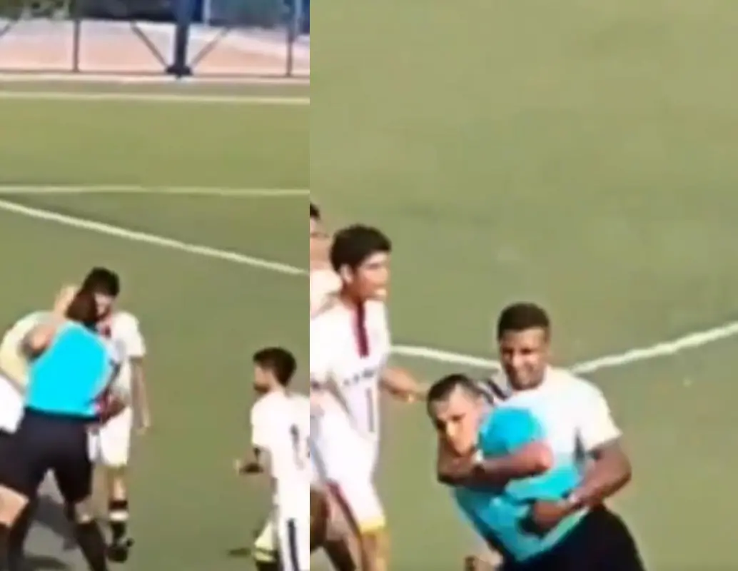 El árbitro FIFA Kéiner Jiménez fue agredido durante un partido del Torneo Nacional Sub-15 de Difútbol en Valledupar, luego de una discusión por una decisión arbitral. FOTO: Captura de video. 