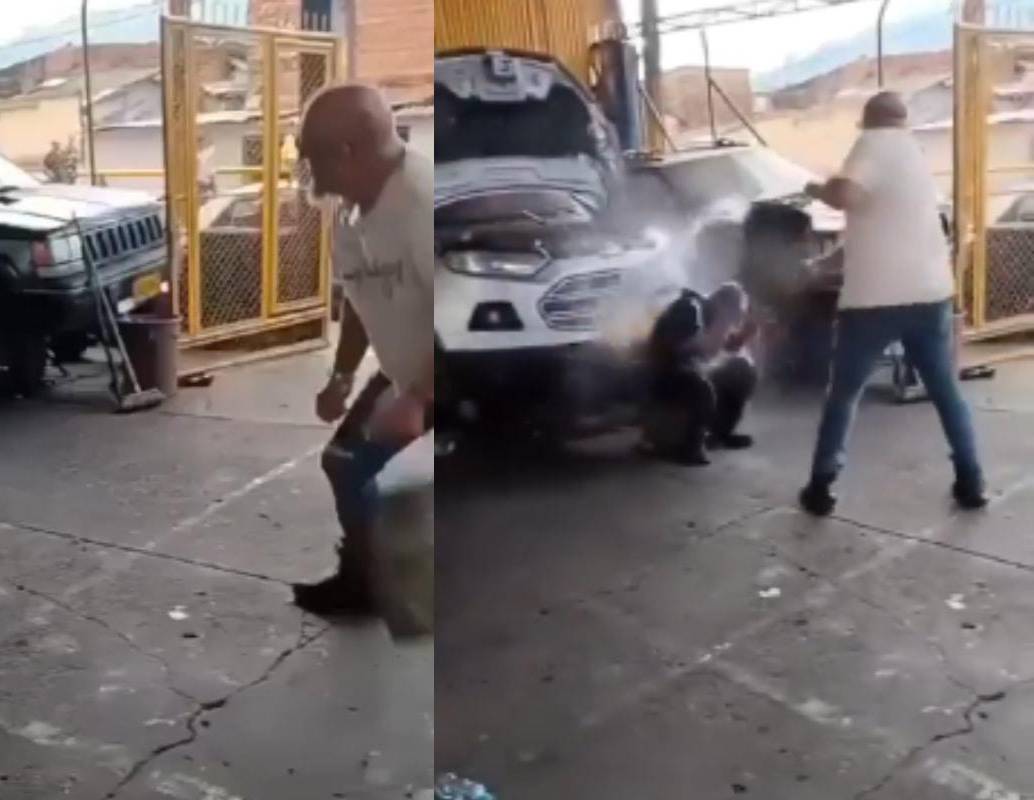El video que muestra un aparente caso de maltrato laboral en un taller de Pereira habría ocurrido hace varios meses, según los actuales propietarios del lugar, quienes afirmaron que el agresor ya no trabaja allí. FOTO: captura de video. 