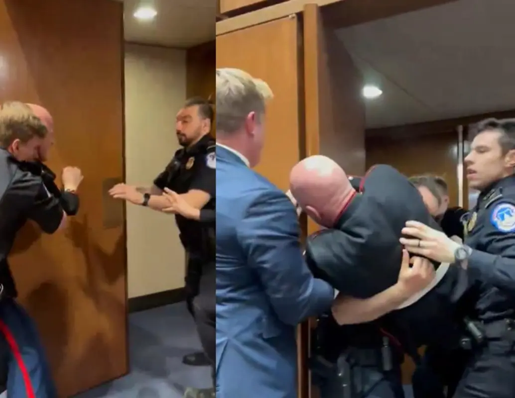 El incidente ocurrió durante una audiencia del Comité de Servicios Armados del Senado, cuando un manifestante contra la guerra fue retirado a la fuerza del recinto con apoyo del senador Tim Sheehy. FOTO: captura de video. 