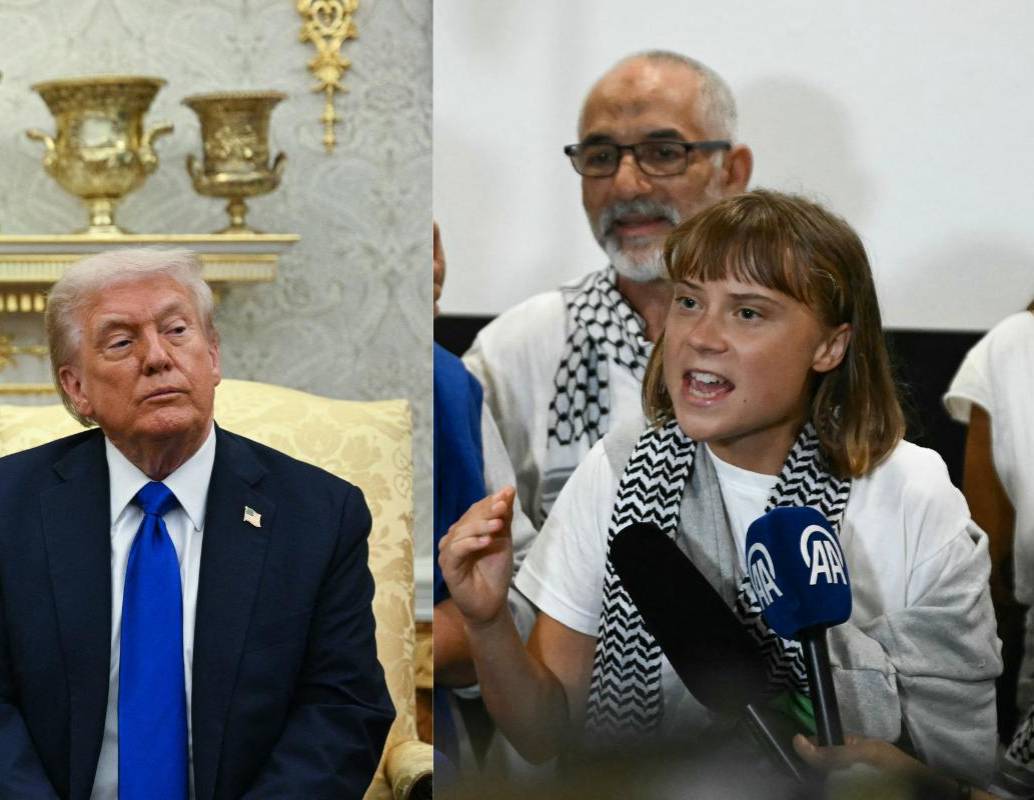 Trump llamó “alborotadora” a Greta Thunberg por unirse a la flotilla hacia Gaza; ella le respondió con gracia. FOTO: AFP 