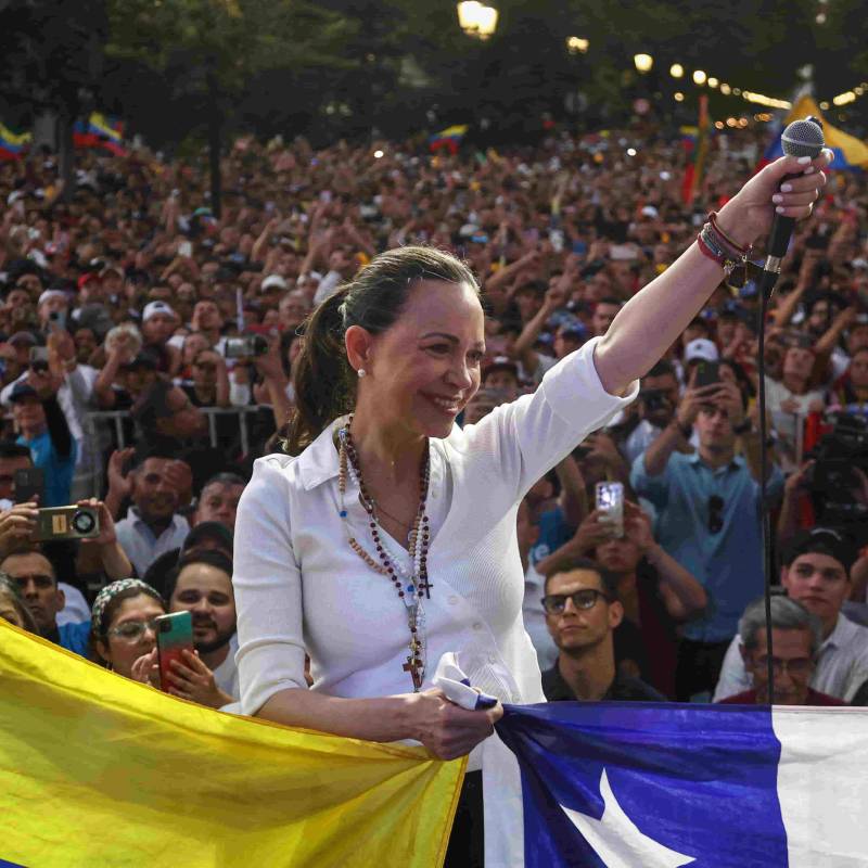 María Corina Machado, líder opositora venezolana y Nobel de Paz, en evento en Santiago de Chile. Foto: AFP. 