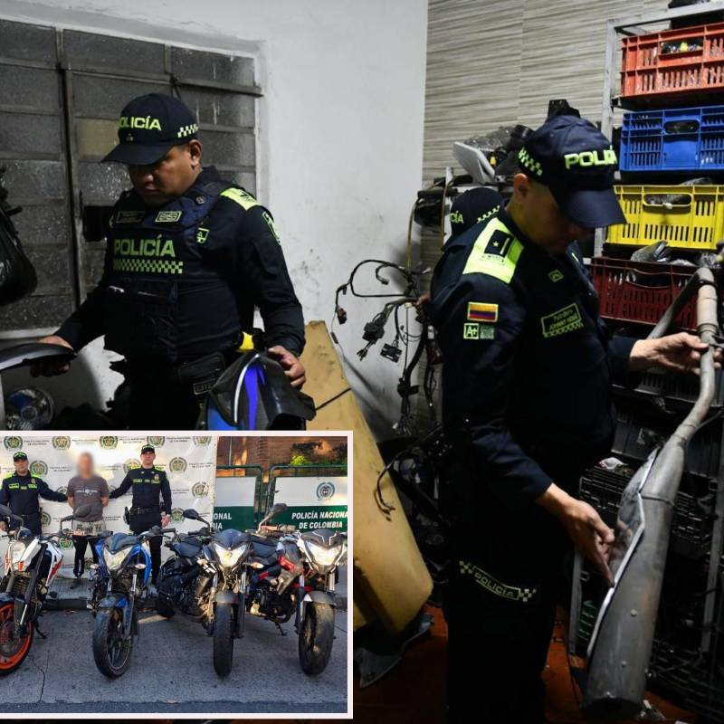 Adelante, las motos recuperadas y el capturado. Atrás uno de los despiezaderos encontrados. FOTO: Cortesía