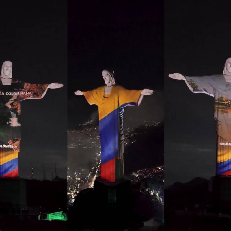 Cristo Redentor en Río de Janeiro, Brasil, iluminado con paisajes colombianos. Foto: Captura de video