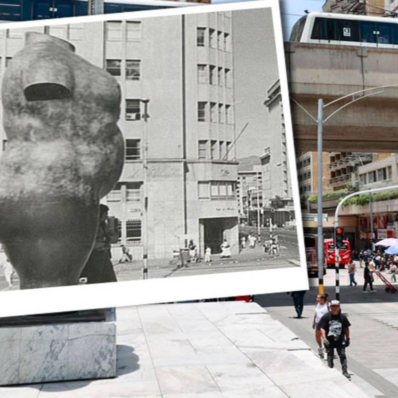 Una imagen que compara la instalación del Torso desnudo de Mujer en 1986 con el presente del sector de Parque Berrío donde está instalada. FOTO: Manuel Saldarriaga e imagen de Archivo.