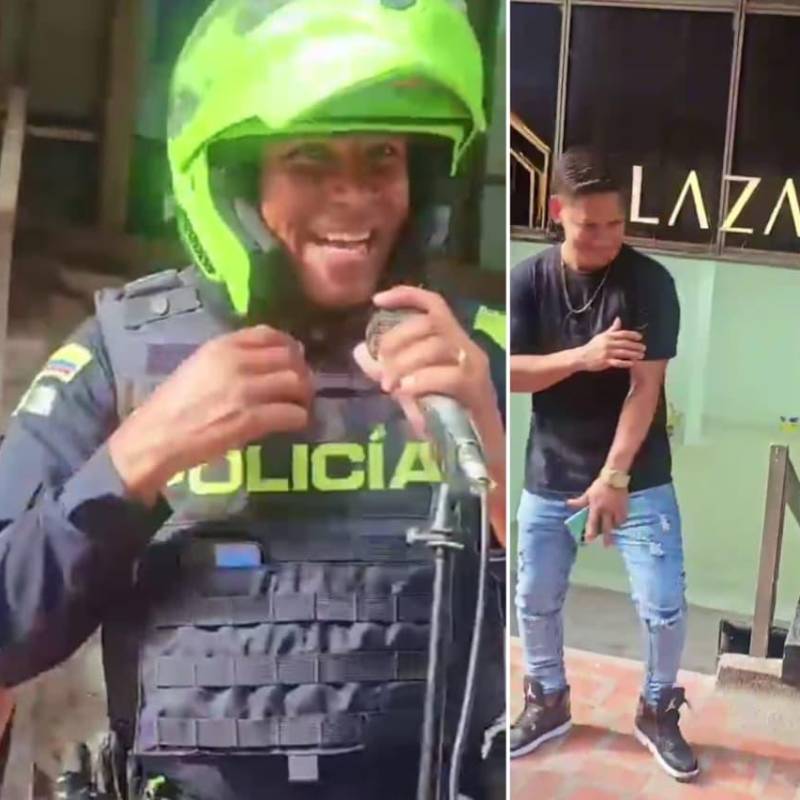 El subintendente Yeferson Montaña cantó junto con Avariano Ojeda en las calles de Pereira. FOTOS: Capturas de video 