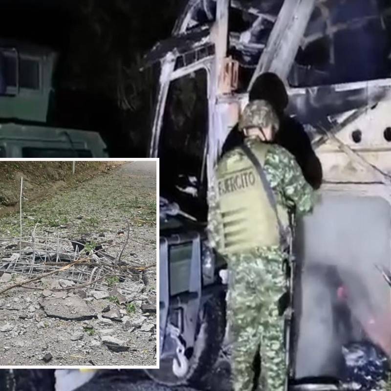 Adelante, daño en el puente que lleva a Salgar e Hispania en el Suroeste. Atrás, bus quemado en Valdivia. FOTO: Cortesía