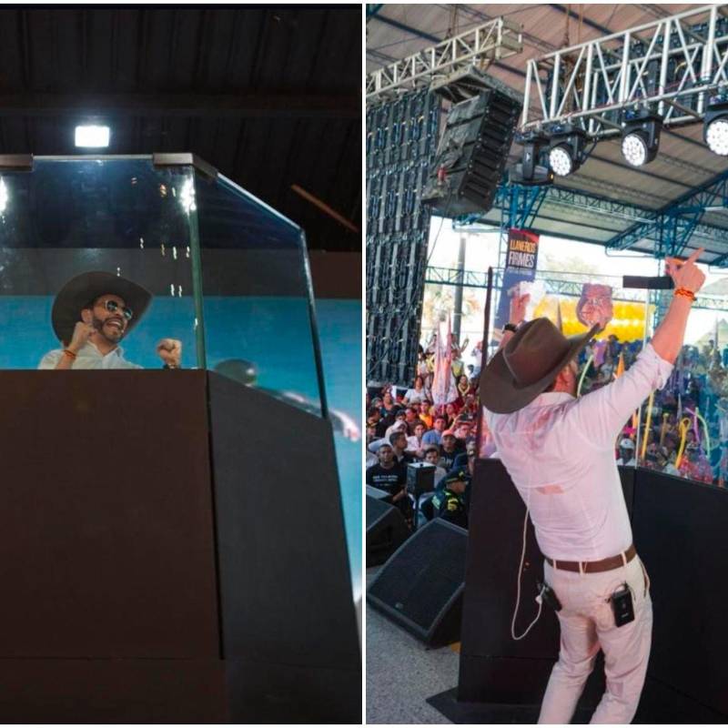 Este es el escudo de vidrio que Abelardo de la Espriella empezó a usar en sus eventos de campaña. Su primera aparición con él fue en Villavicencio. FOTOS: Tomadas de X @santiuribedel10