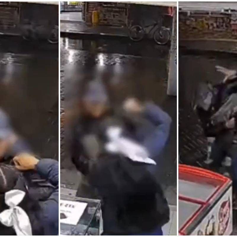 Secuencia de cómo la mujer enfrentó al presunto ladrón luego de intentar robarle en la droguería en la que al parecer trabaja. FOTO: Captura de video de redes sociales @PasaenBogota