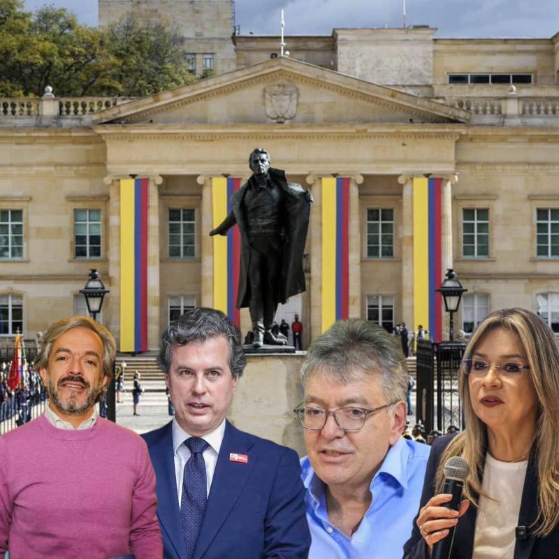 Aníbal Gaviria, Juan Daniel Oviedo, Juan Manuel Galán, Mauricio Cárdenas, Vicky Dávila y David Luna, frente a la Casa de Nariño, en un escenario marcado por alianzas y movimientos presidenciales. FOTOS: COLPRENSA Y CORTESÍA