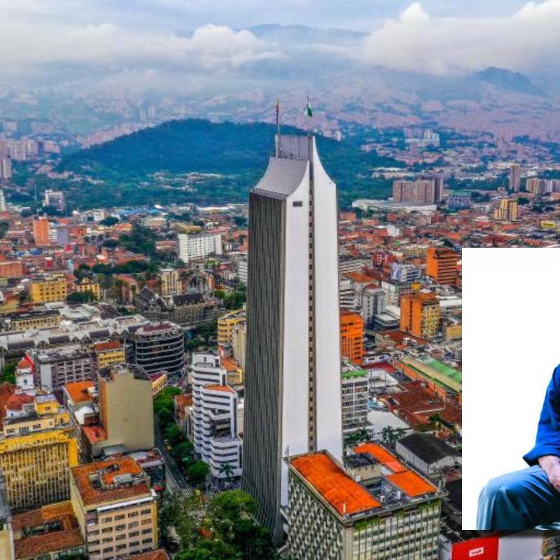 Adelante, el urbanista y arquitecto argentino Jorge M. Jáuregui. Atrás, panorámica del Centro de Medellín. Foto: Andrés Camilo Suárez y Julio César Herrera.
