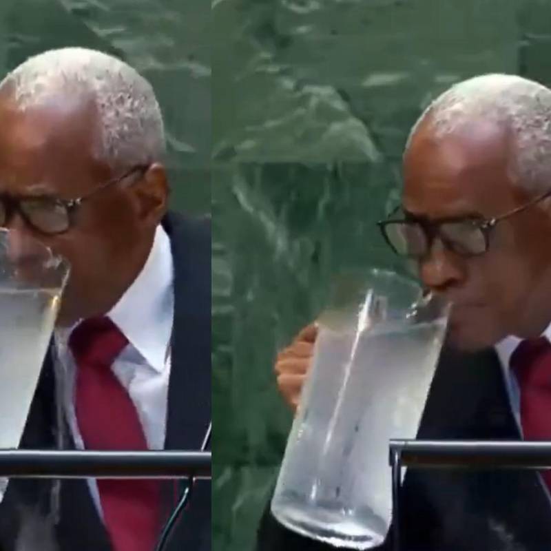 Video viral del haitiano que bebió agua de una jarra en plena ONU. Foto: captura de video Asamblea General de las Naciones Unidas