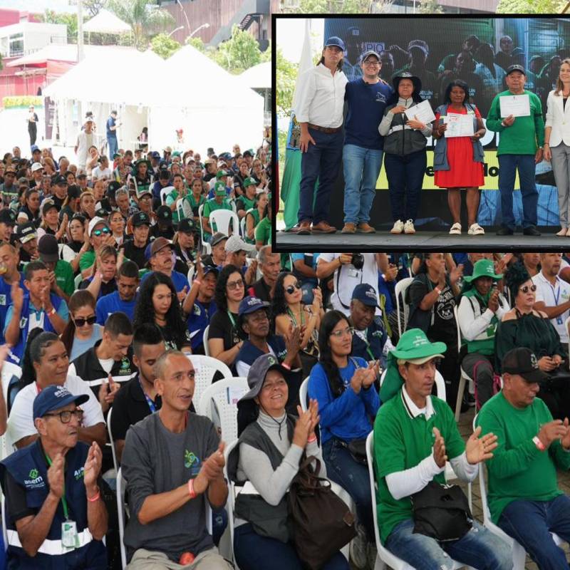 Adelante, los cinco homenajeados por su aporte. Atrás, los 500 recicladores invitados a la celebración. FOTO: Cortesía