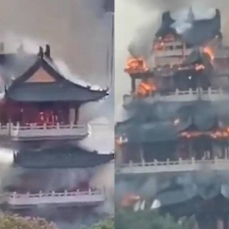 Pabellón Wenchang del templo Yongqing quedó reducido a escombros tras el incendio. FOTO: captura de video en X. 