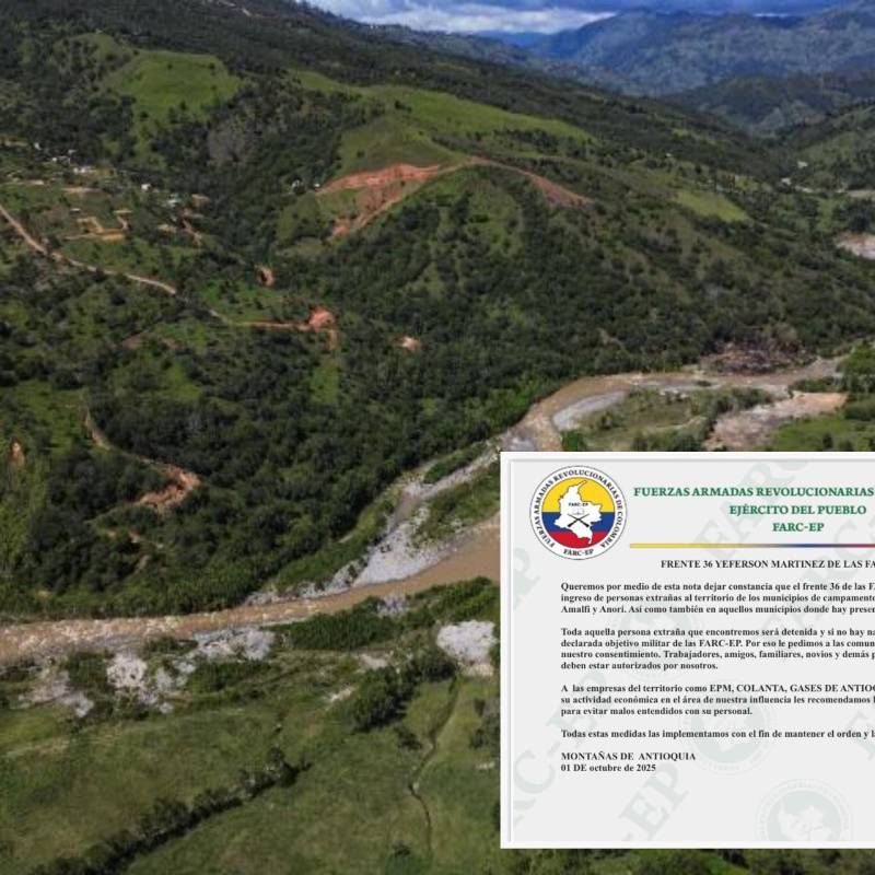 Adelante, el panfleto que sería publicado por las disidencias de las Farc. Atrás, paraje del Norte de Antioquia. FOTO: Manuel Saldarriaga y cortesía Denuncias Antioquia
