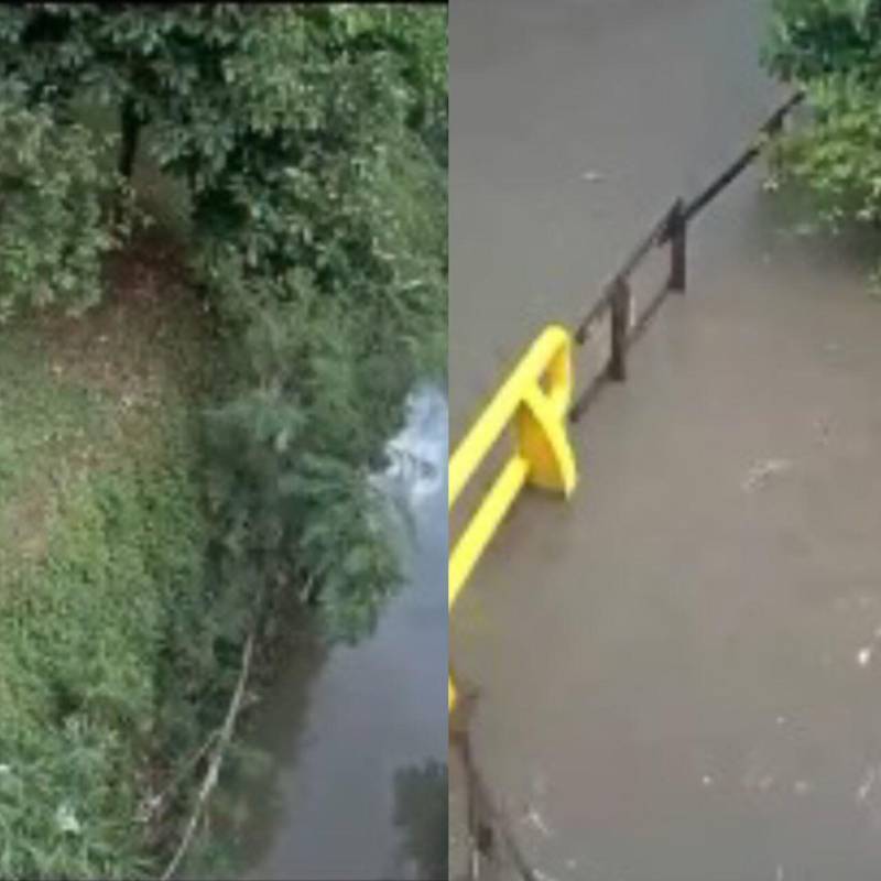 Con la intensidad de una lluvia que duró 44 minutos, la quebrada La Presidenta se desbordó en El Poblado. Foto: captura de video cámaras de seguridad