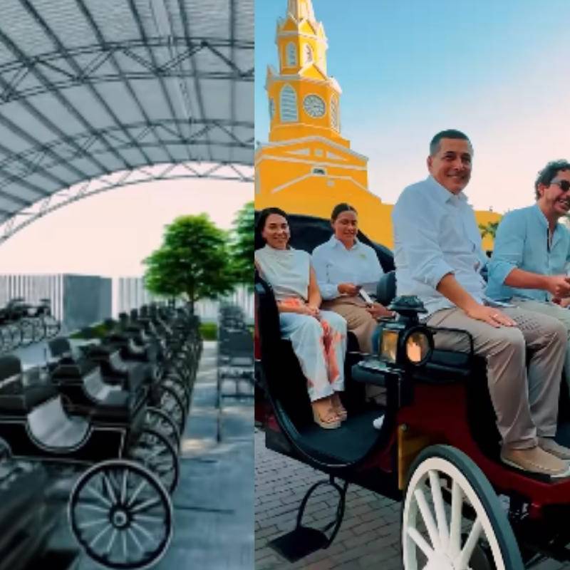 Los nuevos coches eléctricos, fabricados en China y ensamblados en Cartagena, reemplazarán gradualmente a los tradicionales carruajes tirados por caballos en el Centro Histórico. El anuncio fue hecho por el alcalde de la ciudad, Dumek Turbay Paz junto al humorista, Alejandro Riaño. FOTO: captura de video. 