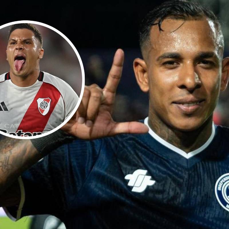 Después de la victoria de Independiente Rivadavia sobre Sarmiento, el extremo colombiano fue consultado por su negociación con River Plate en el último mercado y no lo descartó del todo. FOTO: Tomada de redes sociales @CSIRoficial y @RiverPlate