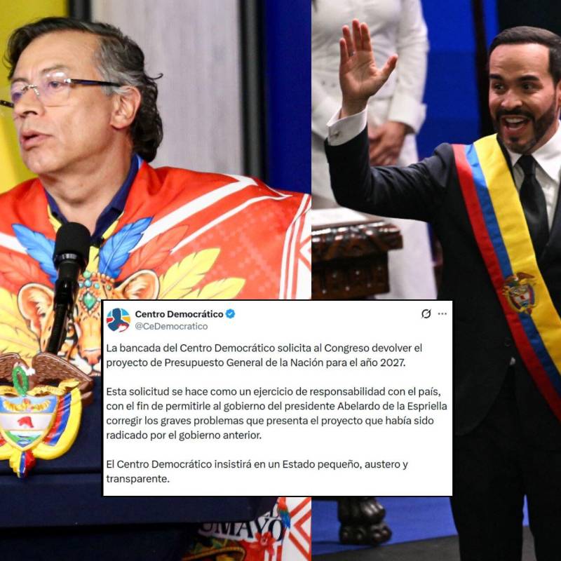 La bancada del Centro Democrático considera que el proyecto de presupuesto presentado por Gustavo Petro debe ser corregido por Abelardo de la Espriella. Fotos: Colprensa, AFP y captura de X@CeDemocratico