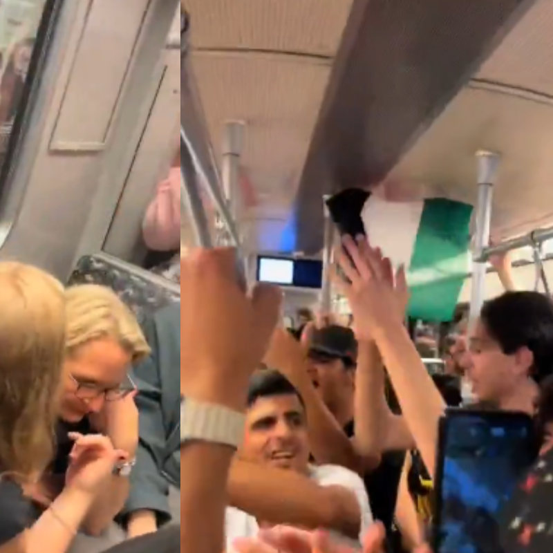 Pasajeras del metro de Berlín fueron grabadas llorando y angustiadas mientras jóvenes agitaban una bandera palestina en el vagón. FOTO: Captura de video