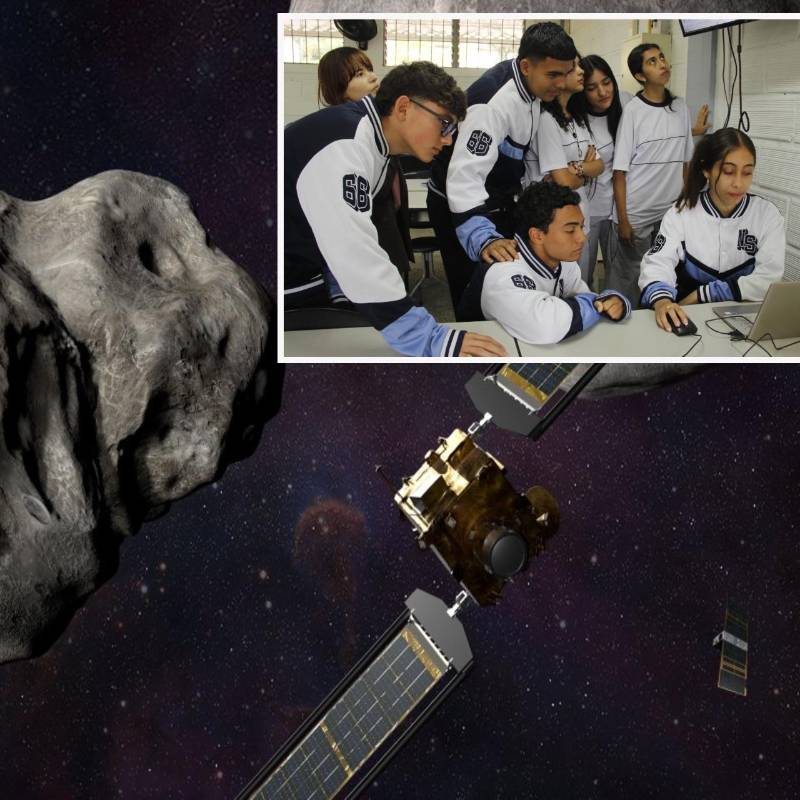 Adelante, un grupo de estudiantes antioqueños en la búsqueda de posibles asteroides. Atrás, imagen ilustrativa de la Nasa. FOTO: Cortesía e imagen tomada de redes.