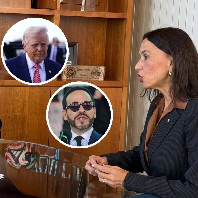 La embajadora de Colombia en Washington María Consuelo Araújo (der.) se reunió con la delegada para el Escudo de las Américas, Kristi Noem; también con el presidente Donald Trump. FOTO: Embajada de Colombia, Getty y Colprensa