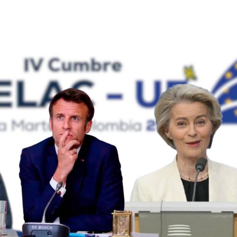 La presidenta de la Comisión Europea, Ursula von der Leyen, el canciller alemán Friedrich Merz y el presidente francés Emmanuel Macron, ya no asistirán a la Celac-UE. Foto: Cancillería/Afp. 