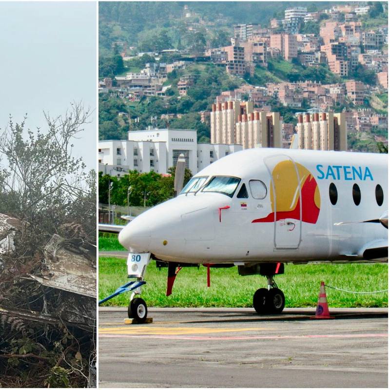 A un lado, el ensamblaje del avión, completamente destruido, denota lo violento del impacto. Al otro, una imagen de cómo era el modelo del avión. FOTOS: Cortesía Luis Miguel Galeano y tomada de X @copter_colombia