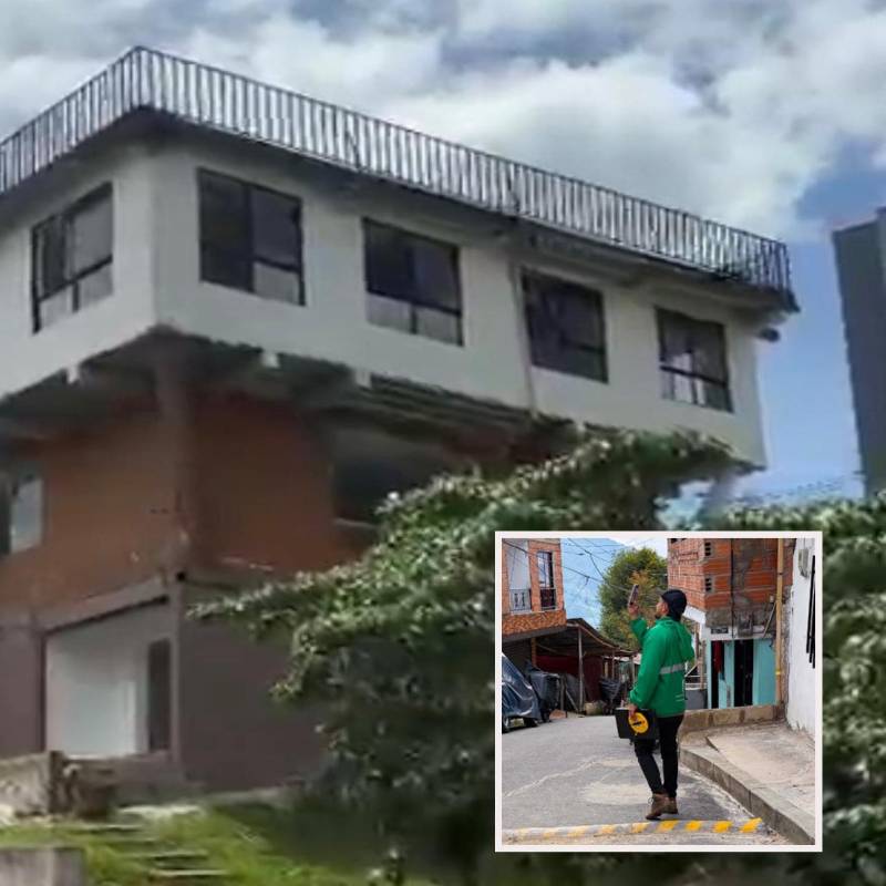 Adelante, funcionario del Distrito realizando controles en Medellín. Atrás, el “torreón” de San Antonio de Prado que van a demoler. FOTO: Cortesía