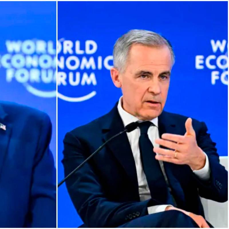El presidente Donald Trump y el primer ministro de Canadá, Mark Carney, en sus intervenciones en el Foro Económico Mundial en Davos, Suiza. FOTOS: Xinhua y Getty 