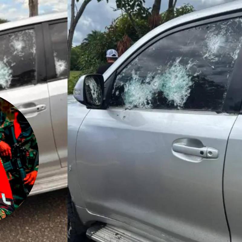 Así quedó la camioneta blindada en la cual se movilizaba el gobernador de Arauca, Renson Martínez, después de ser atacada por los guerrilleros del ELN que instalaron un retén en la carretera. FOTO cortesía