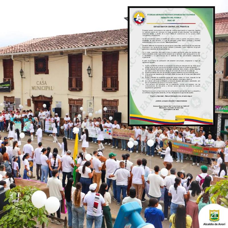 Manifestación pacífica de la comunidad de Anorí, en el centro del municipio. FOTO: imagen tomada de redes.