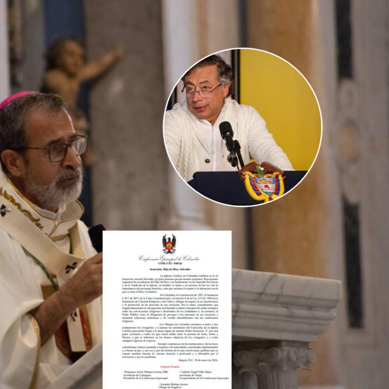 La Iglesia católica, a través de la Conferencia Episcopal, emitió un comunicado expresando su rechazo a declaraciones del presidente sobre la vida sexual de Jesús. En la imagen: Monseñor Francisco Javier Múnera, presidente de la Conferencia Episcopal y Gustavo Petro. Fotos: Colprensa y CEC