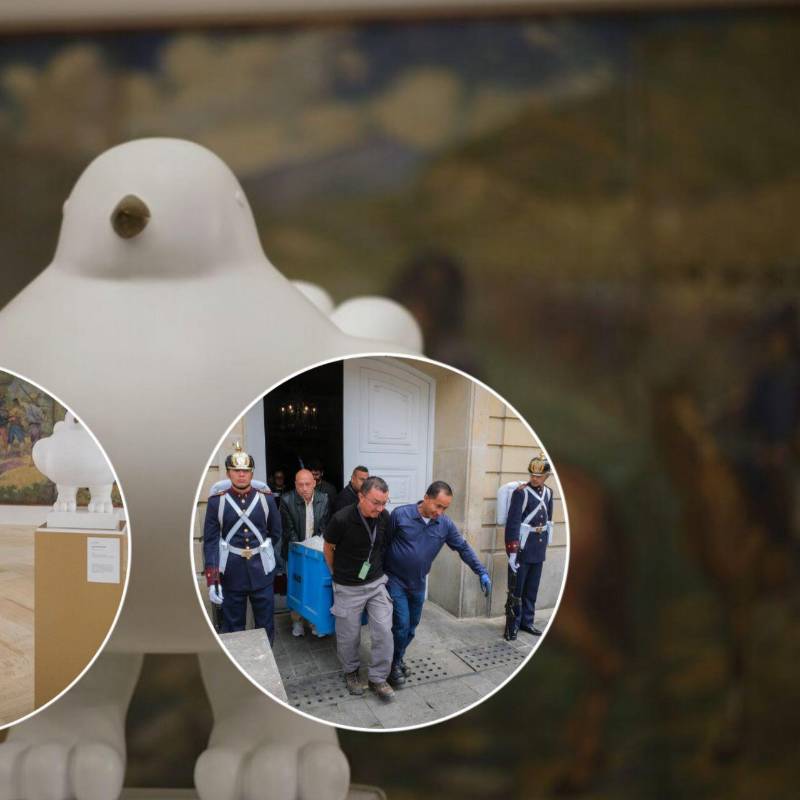 La Paloma de la Paz, de Fernando Botero, salió en medio de un estricto protocolo de la Casa de Nariño. Fotos: Colprensa y redes sociales