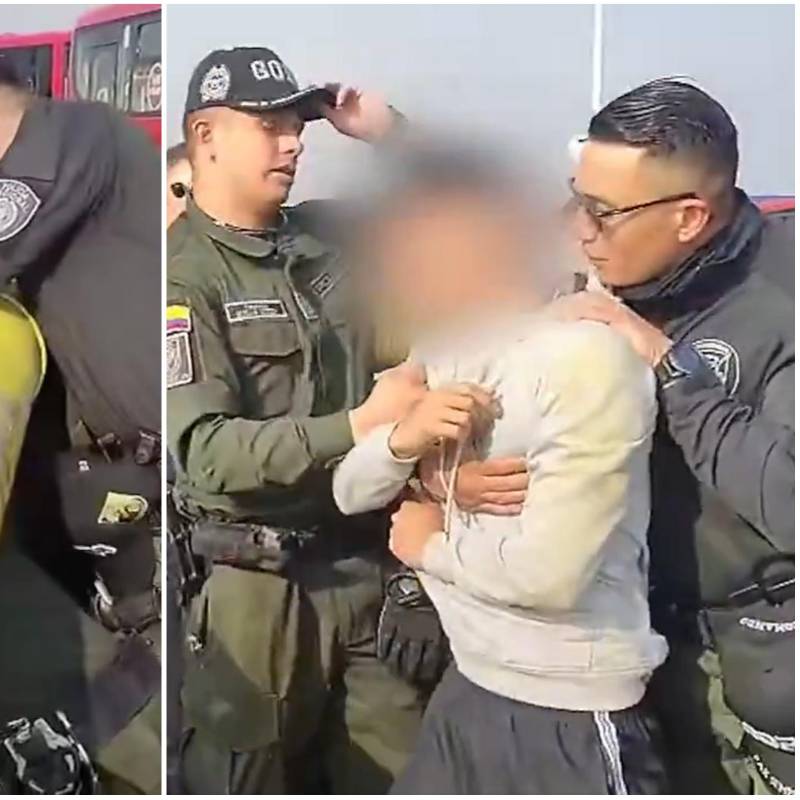 Secuencia de cómo los policías le salvaron la vida al joven antes de que se tirara del puente de la calle sexta con carrera 30, en el corazón de Bogotá. FOTO: Captura video de redes sociales @PoliciaBogota