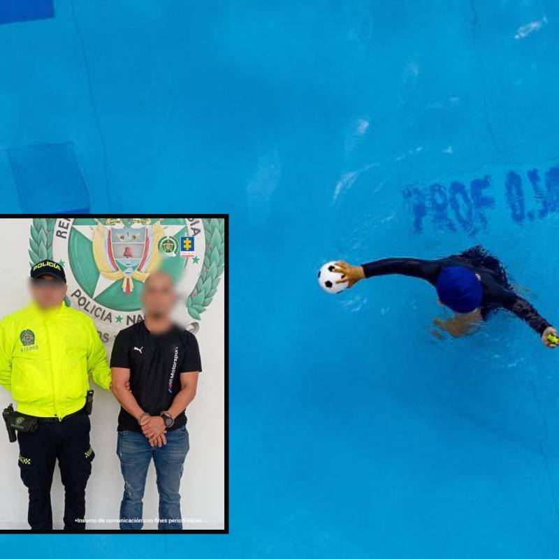 Adelante, el docente detenido por la Policía en Medellín. Atrás, imagen de referencia de un niño en una piscina. Foto: Jaime Pérez Munévar y Cortesía